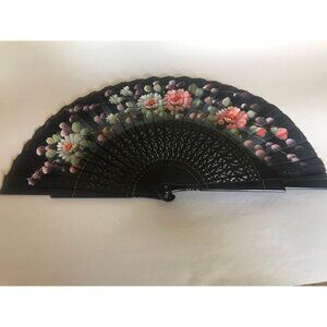 Vintage Hand Held Silk Paper Fan Signed By the Artist Black With Hand Painted